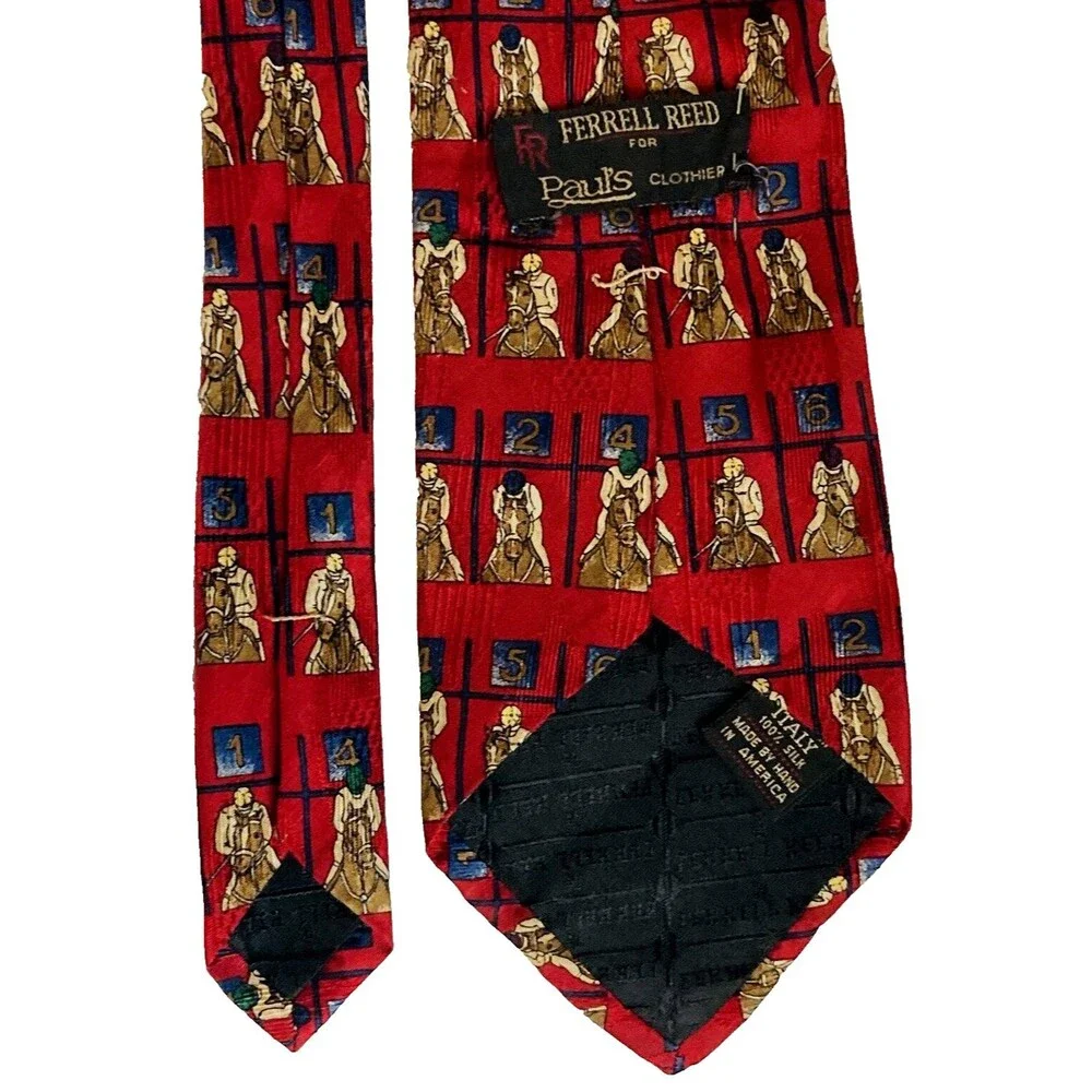 Ferrell Reed Vtg Tie Horse Racing Jockey Red Italian Silk Kentucky Derby USA Y2K